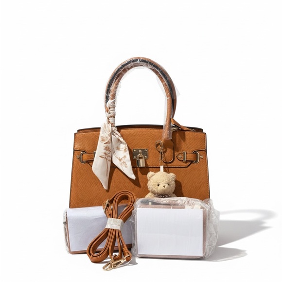 Chic Brown Satchel with Scarf and Teddy Charm - Picture 2 of 4